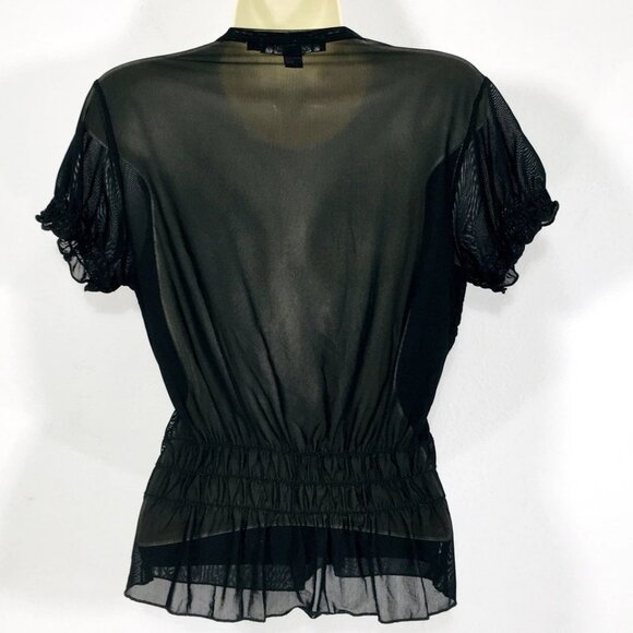 Y2K Rampage Black Mesh Beaded Mandala Top Sz L Puff Sleeve Smock Back WhimsyGoth - Picture 7 of 10